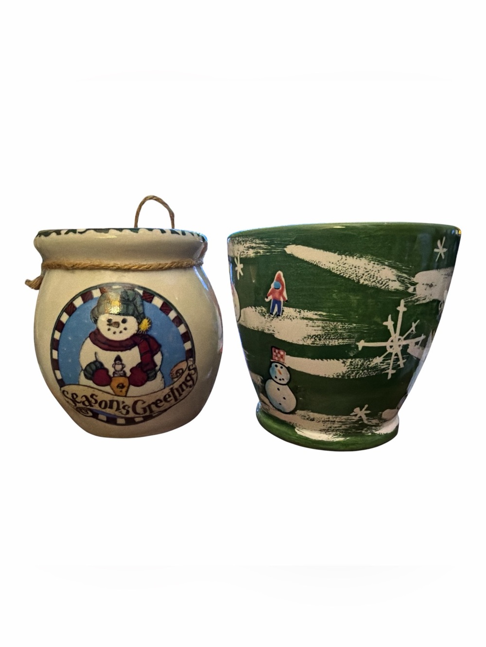 Two Seasonal Snowman Holiday Ceramic Candles